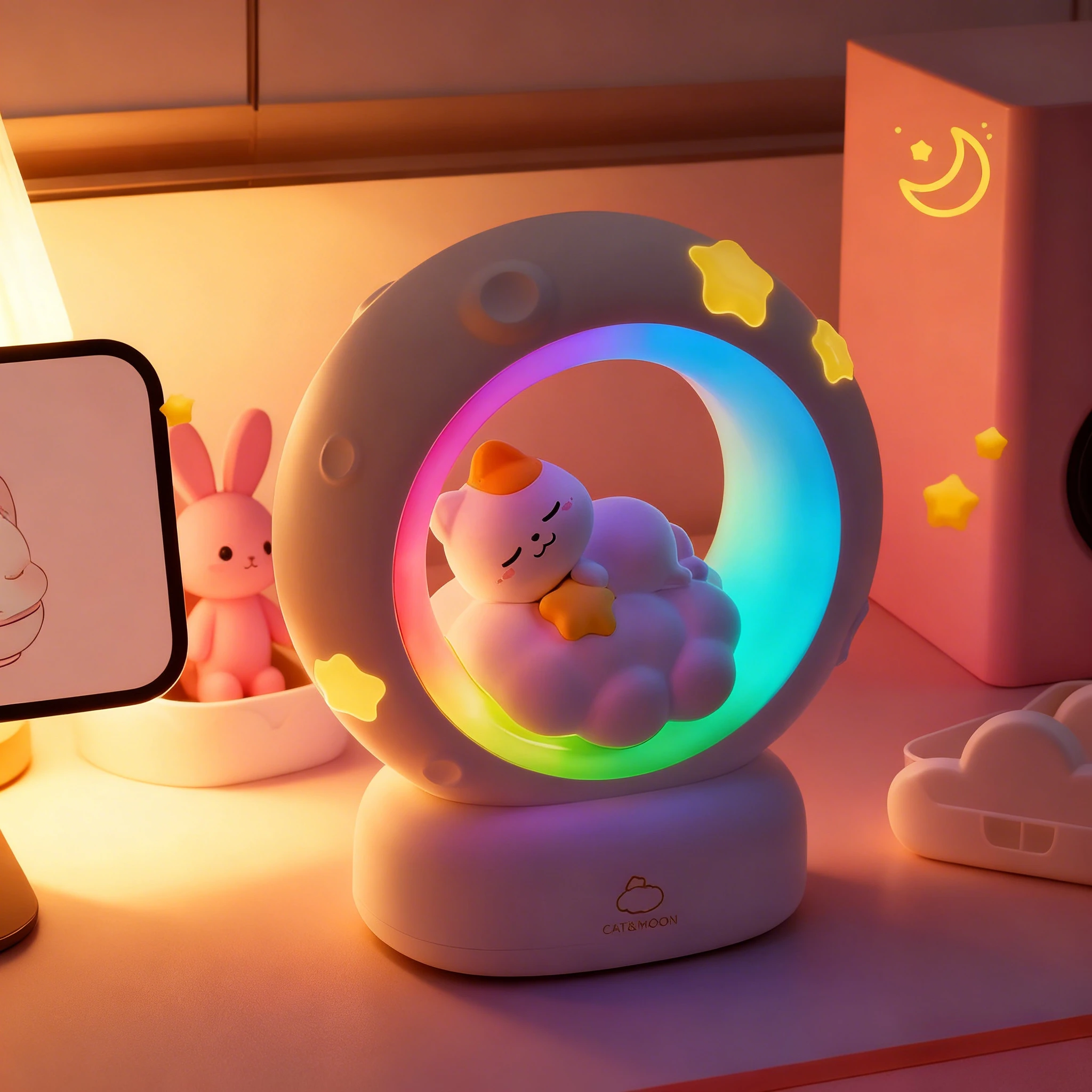 LED lune veilleuse mignon Animal dessin animé lapin lampes USB Rechargeable chaud chambre décoration veilleuses