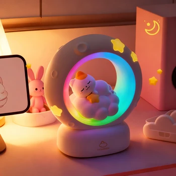 LED Moon Night Light Cute Animal Cartoon Rabbit Lamps USB Rechargeable Warm Bedroom Decora
