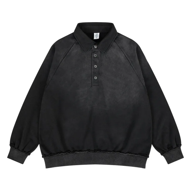Y2k Autumn Winter New Mens Loose Casual Polo Sweatshirt Retro Washed Black Sporty Top