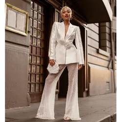 Fashiion Causal White Woman Set Flower Backless Suit Coat And Pearl Beading Mesh See Through Flare Pants 2 Pieces Party Outfit