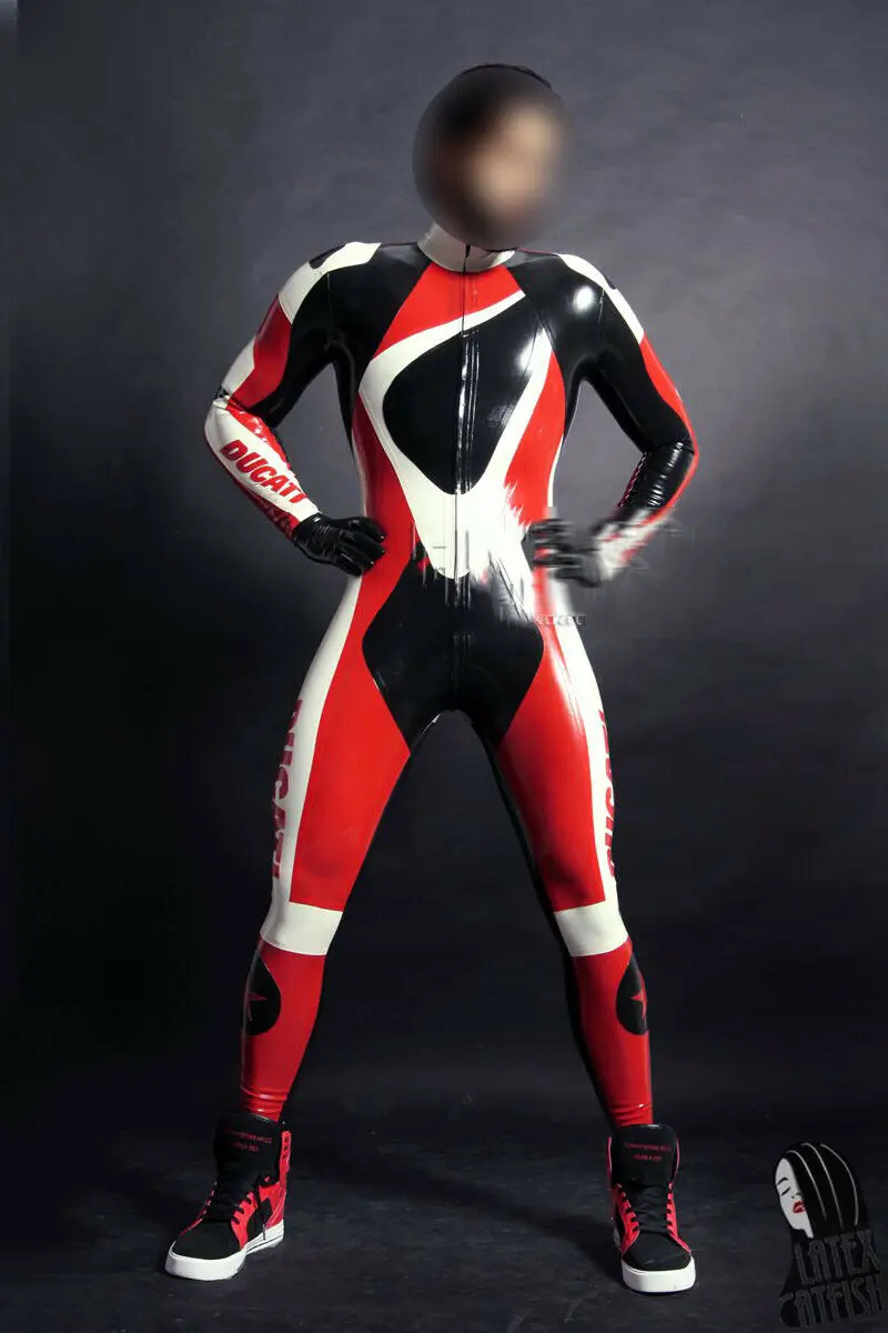 

Latex Catsuit Rot White Schwarz Gummi Racing Suit Zipper Overall Bodysuit S-XXL