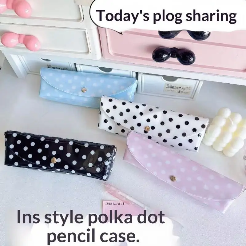 【B】PVC Pencil Case Polka Dot Design Snap-button Type Stationery Pen Pouch For Students School Office Daily Stationery Storage