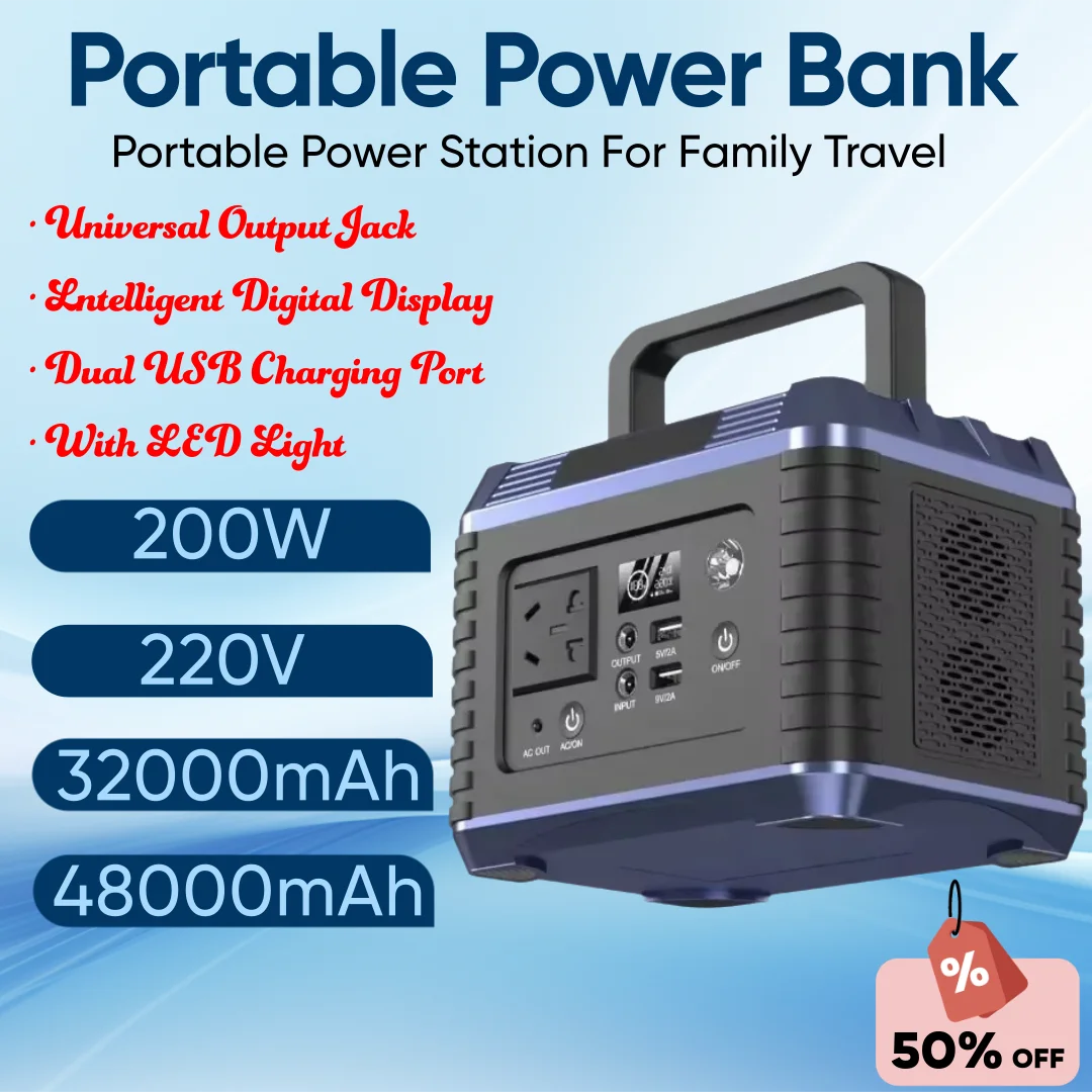 New 48000mahh 200W Portable Power Station Ternary Lithium Battery 220V Energy Storage Power Supply Camping RV Multi-function USB