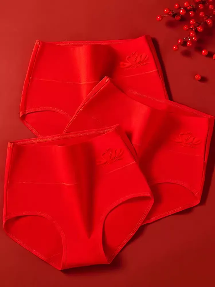 4Pcs Cotton Women PantiesGood Luck Red Underwear Breathable Underpants Plus Size Panty High Waist Body Slimming Female Briefs