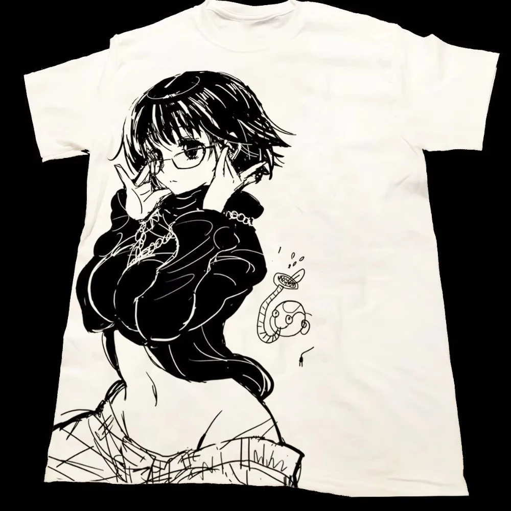 2026 Vintage Hand Drawn Sketch T-shirt for Men Monochrome Cartoon Lady Front Printing Casual Short Sleeve Daily Street Tees