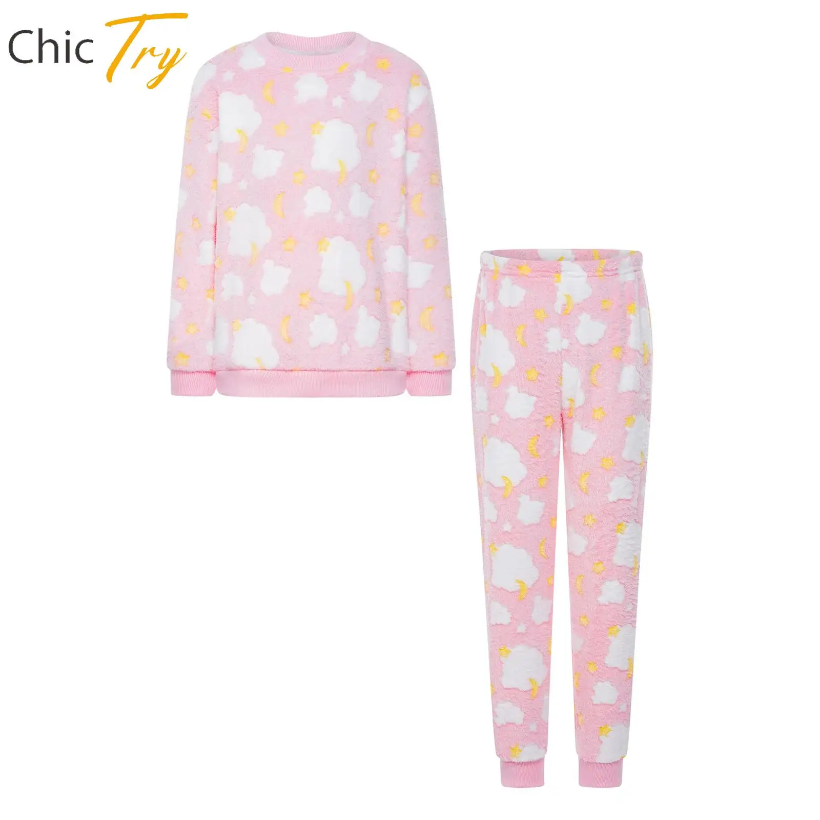 

Kids Girls Sleepwear Stylish Cute Pattern Flannel Pajamas Set Nightwear Homewear Long Sleeve Pullover Top+Pants 2-piece Sets