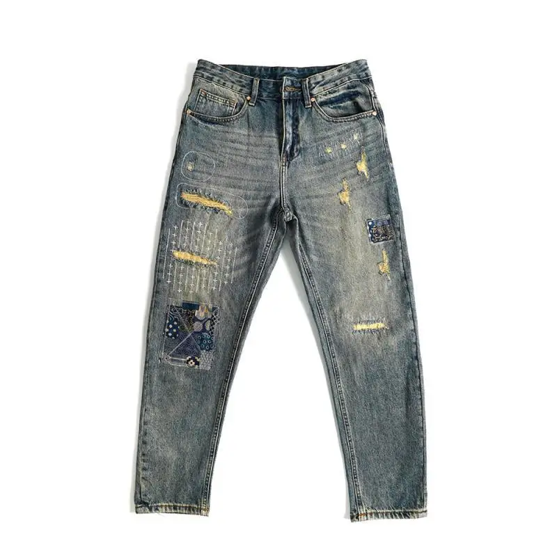 Men\'s Trendy American High Street Ripped Scraped Patch Patch Cloth Straight-leg Casual Jeans Trousers