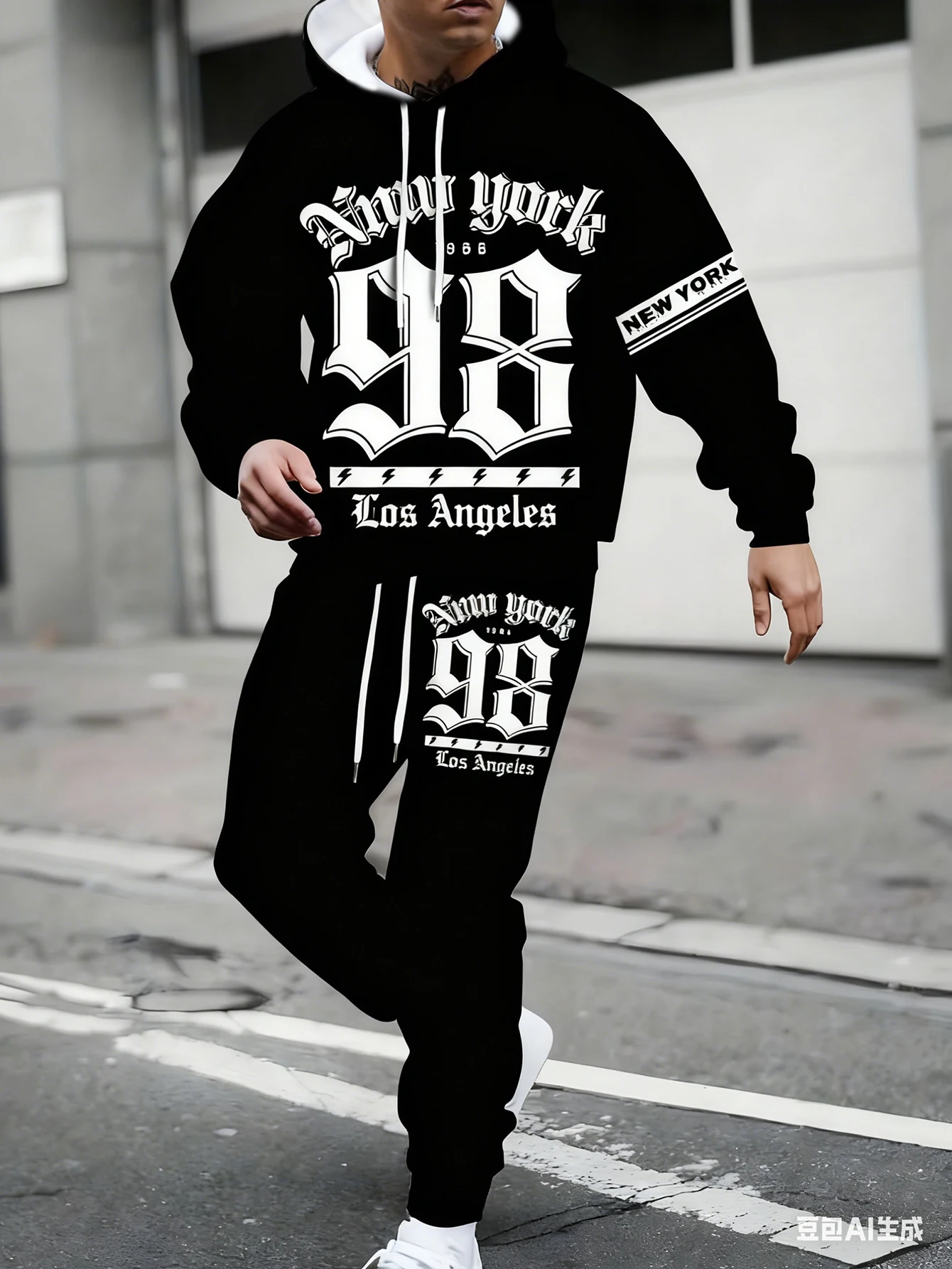 

2026 Men's New Fleece Hoodie Suit, Soft Comfortable 2-Piece Outfit, Roller Skate Letter Print, Casual Adult Spring Autumn Wear