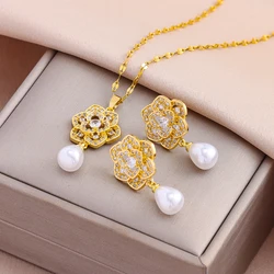 New In Luxury Retro Zircon Flower Pearl Necklaces Earrings For Women Trendy 18K Gold Plated Female Stainless Steel Jewelry Set