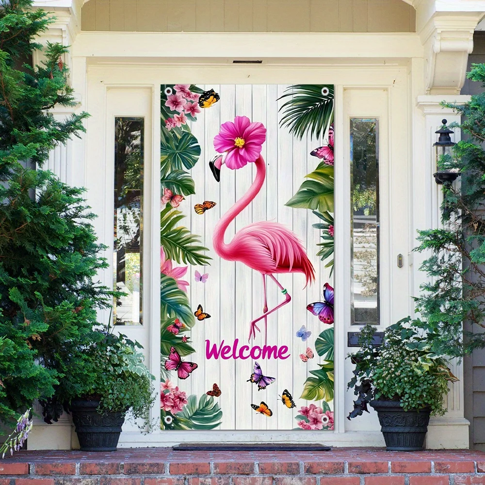 4 Grommets Flat  Door Banner Flamingo Welcome Design Polyester for Both Indoor and Outdoor Party Decor Curtain Photo Background