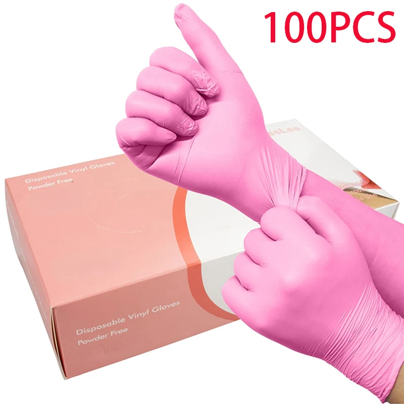 100PCS/Box Household High Elasticity Disposable Pink Nitrile Gloves PVC Anti-Static Latex Free Tattoo Mechanical Work Gloves