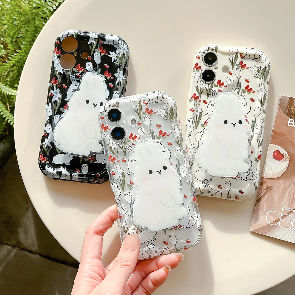 Bunny Rabbit Grip Tok Holder Wave TPU Soft Phone Case for OPPO A40 A80 A59 A38 A58 A78 A54 A74 A94 A53S A57 A77S A15 A16 A17 A18