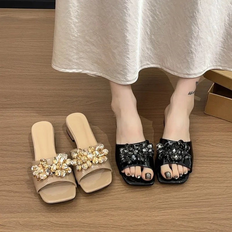 2026 Sexy Beads Flower Decor Slippers Women Square Open Toe Slingbacks Party Shoes Summer For Girls