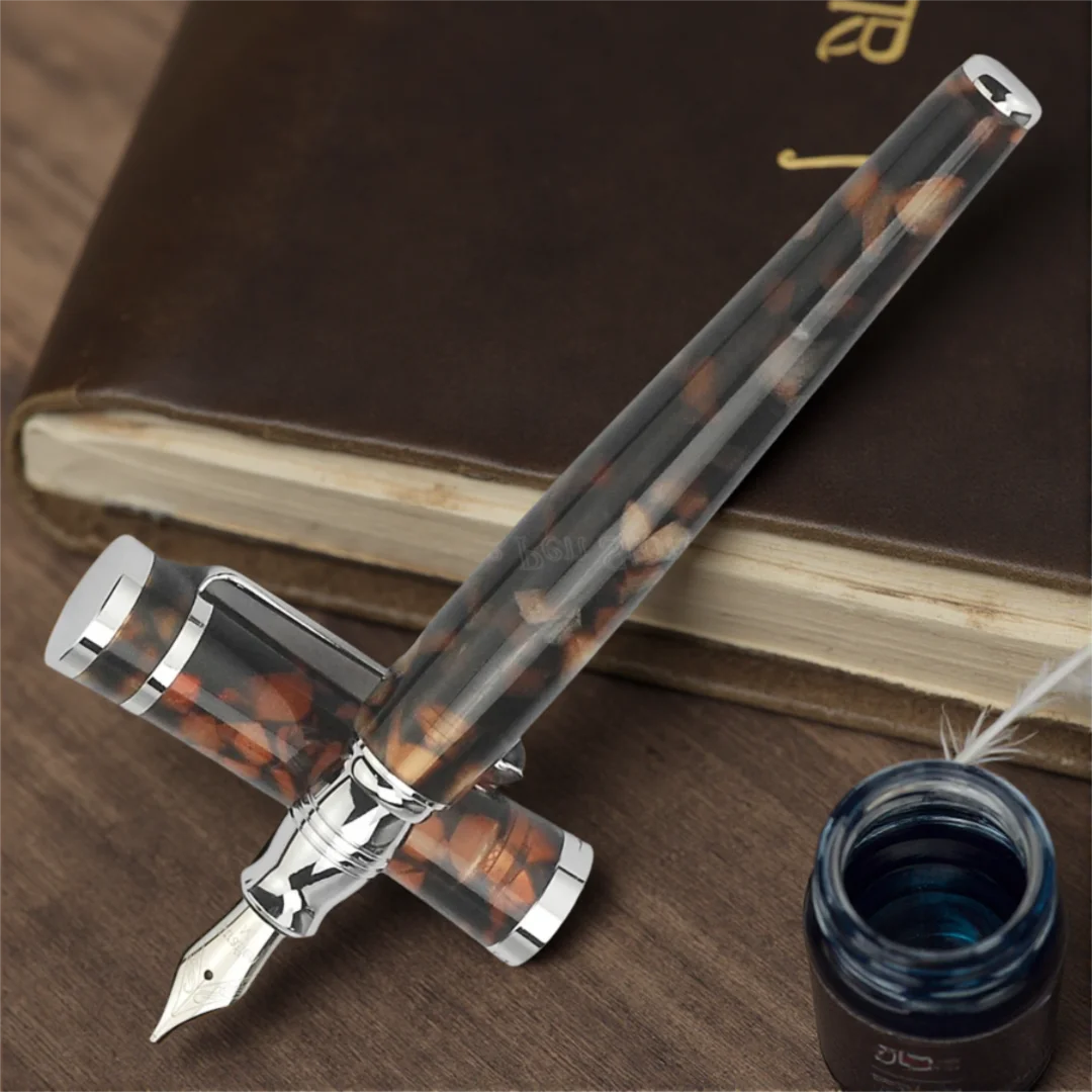 Fuliwen 2051 Metal Maple Leaf Coffee Celluloid Portable Fine Nib Fountain Pen Professional Stationery Supplies Writing Tool Gift