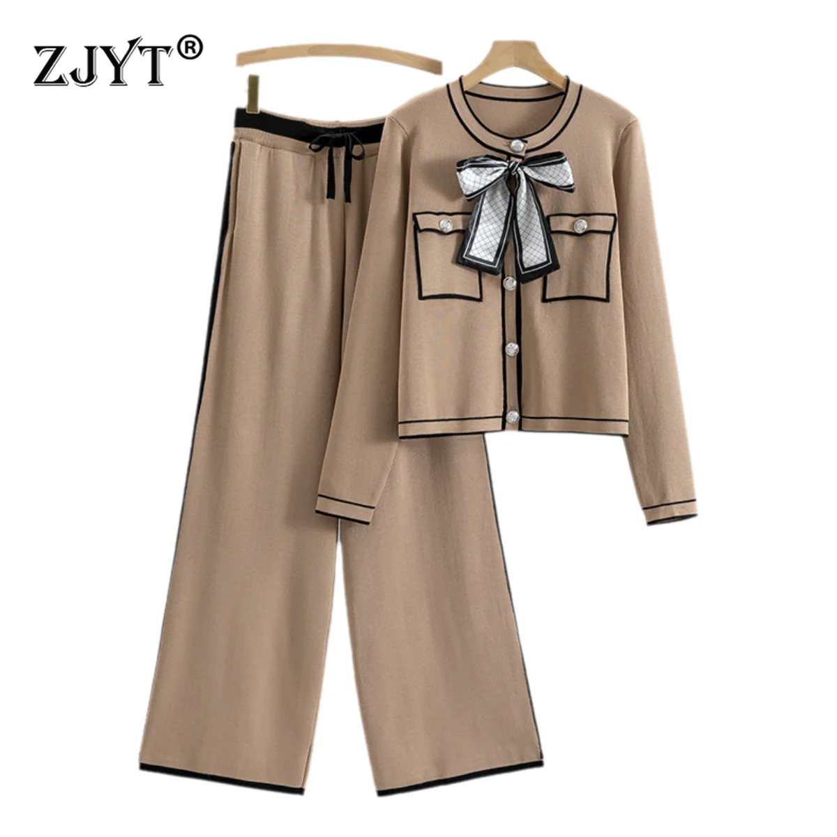 ZJYT Autumn Winter Knitted Suit Long Sleeve Sweater and Pants 2 Piece Clothing Set Women 2024 Fashion Ladies Casual Outfit