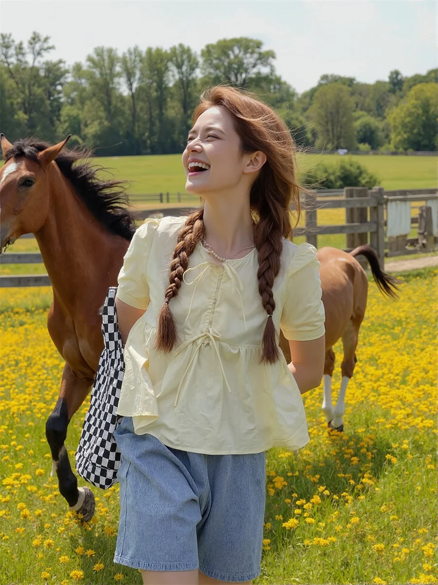 Camicette da donna dolce tinta unita autunno cotone moda coreana femminile oversize manica corta top lunghi stile formale femminile