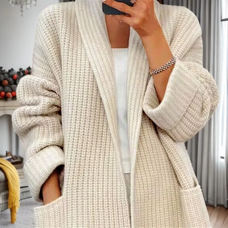 Women's Clothing 2024 Autumn And Winter New Item Thick Solid Color V-Neck Knitted Cardigan Loose Pocket Sweater Jacket For Women