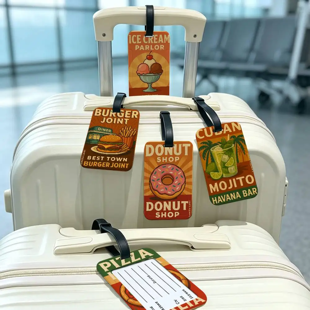 Delicious Food Canvas Travel Suitcase Luggage Tag PVC Information Card Cover Anti lost Name Marker For Backpack Bag
