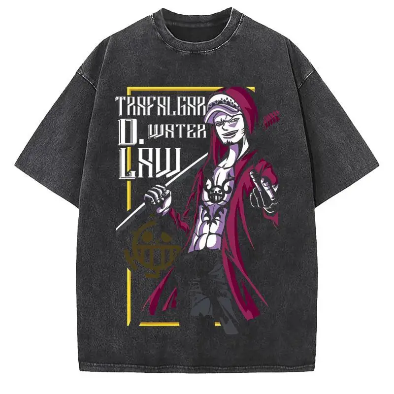 

Official One Piece Trafalgar Law Black T-Shirt Men's Anime Graphic with White Hat and Sword Design Licensed Cotton Streetwear