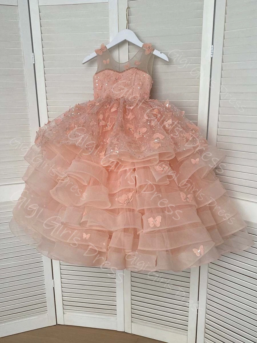 Roze bloemenmeisje jurk voor peuters 3D vlindervleugel gegolfde tule prinses optocht jurk aangepaste bruiloft baljurk