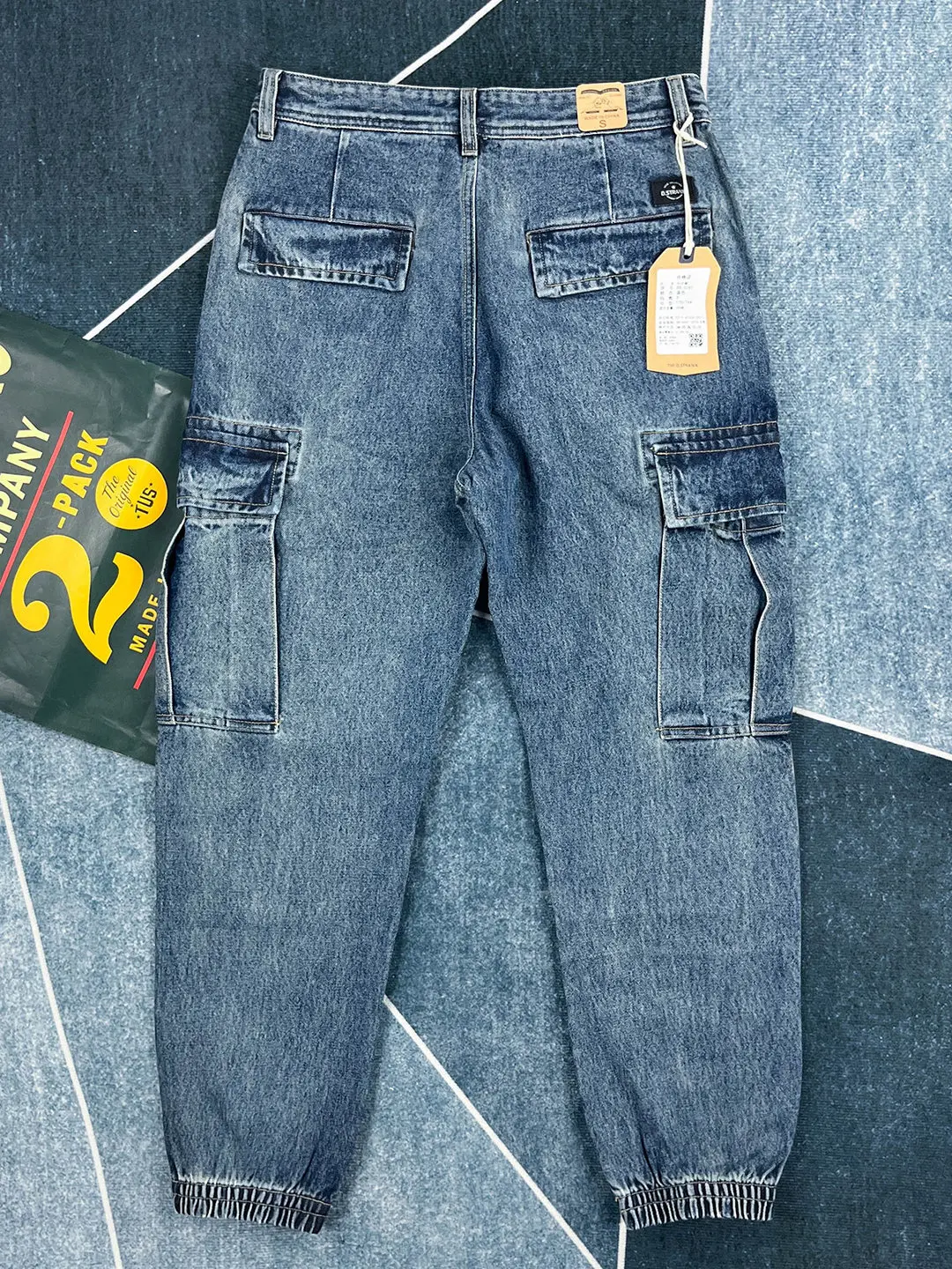 Heavyweight Retro Washed 100% Cotton Workwear Denim Jeans for Men Loose Straight Multi-Pocket Distressed Blue Cargo Jogger Pants