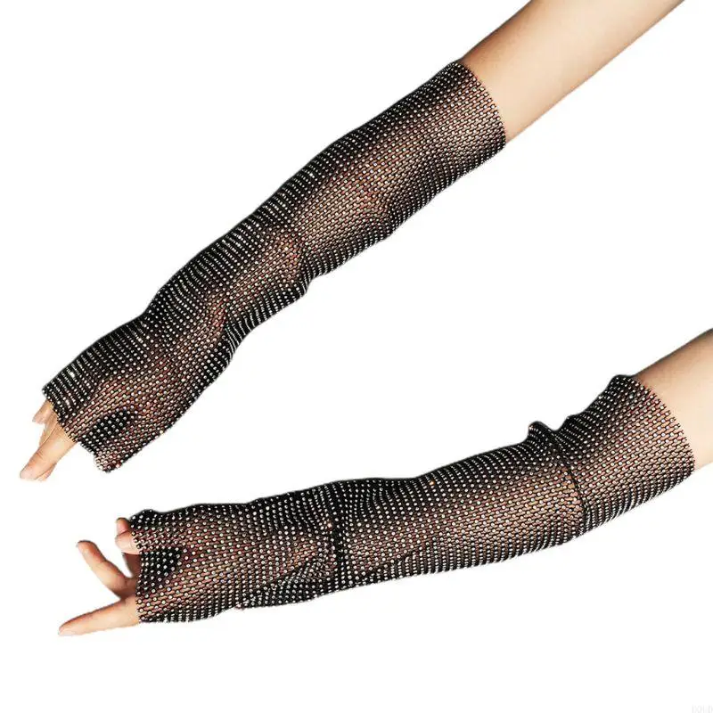 D0UD Women Full Glitter for Rhinestone Long Arm Warmer Sleeves Summer Sunscreen Nightclub Hollow Out Plaid Mesh Fishnet Gloves