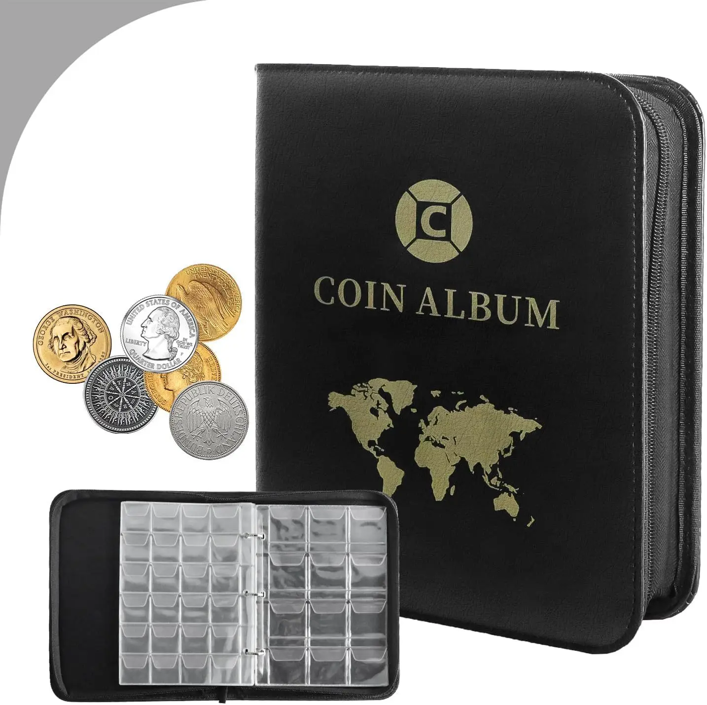 Large Capacity Coin Collection Album with 480 Pockets, Zipper Closure Loose Leaf Storage Book, 24 Grid and 12 Grid Refillable