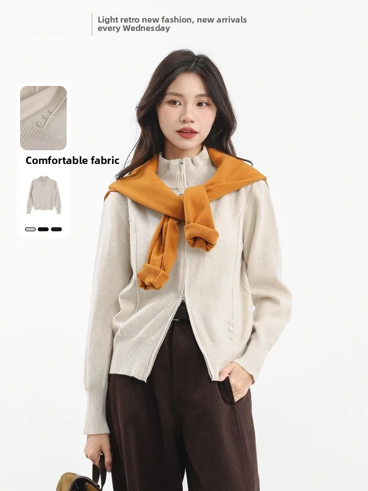 

Double Zipper Stand Collar Knitwear Cardigan Memory's Starting Point Slim Fit Winter New Arrival JYDQD Polyester Acrylic Nylo...