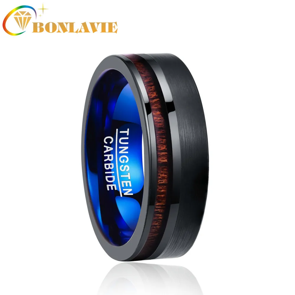 BONLAVIE 8mm Tungsten Carbide Ring Acacia Wood Frosted Steel Wedding Band Men Ring Flat Edge Comfort Fit Size 7-12