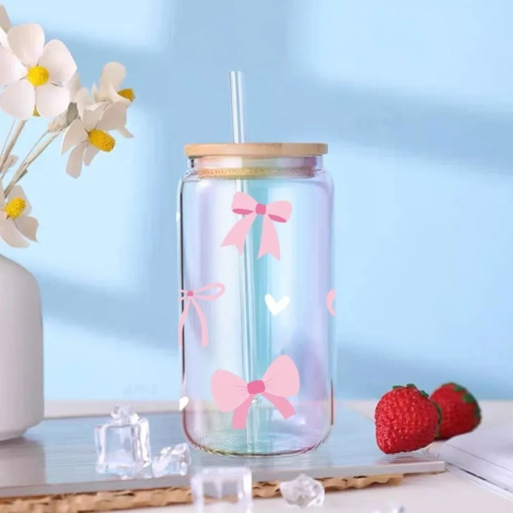 

Pink Bow Waterproof UV DTF Transfer Sticker Smooth Clear Water Bottles Sticker 3D Design Strong Sticky Cup Wraps Glass Bottle