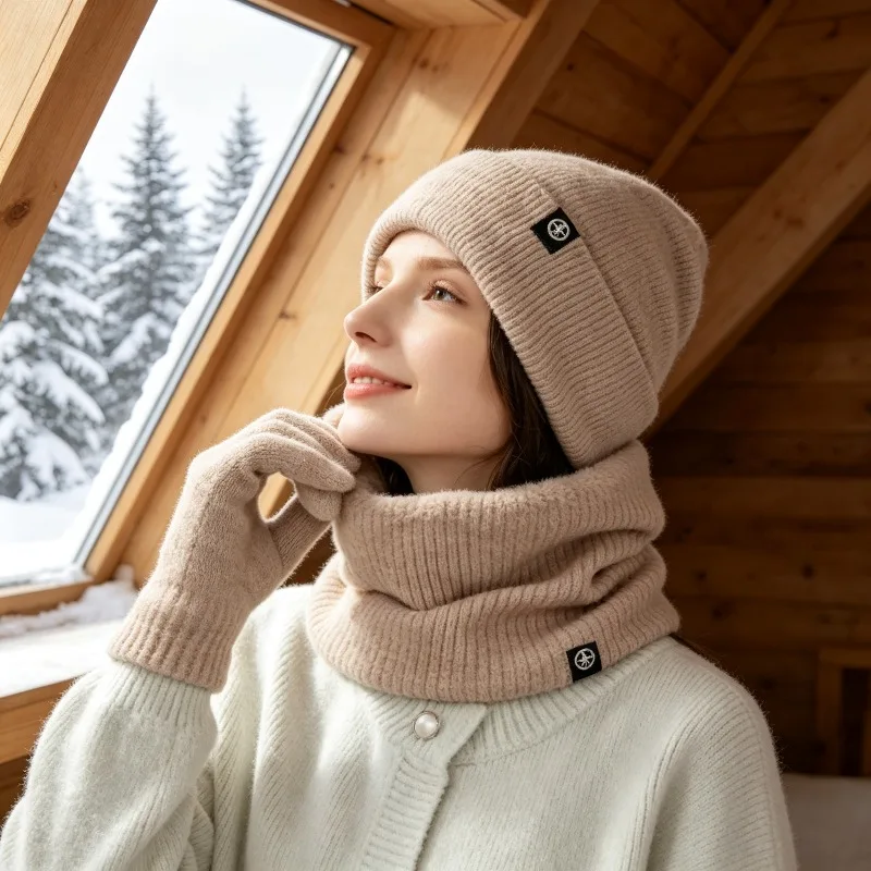 Trendy Winter Unisex Rib Knit Three‑Piece Outfit Fleece‑Reinforced Outdoor Chill‑Resistant Scarf Beanie Glove Kit