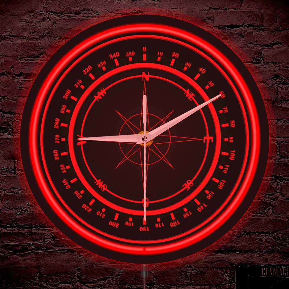 Brújula rosa LED letrero de neón reloj de pared luminoso decoración náutica del hogar Windrose navegador brújula LED reloj de pared Marina regalo de marineros