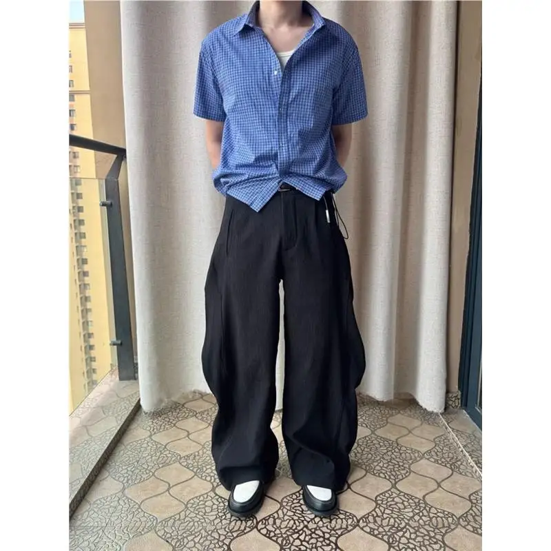 

Miu Boxed Fit Royal Blue Plaid Dstring ort Sve irt Men's Versatile Summer Sle Collar Inner Wear Casual irt