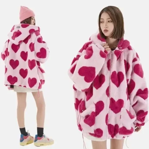 Winter new love plush coat female Korean imitation rabbit hair cute loose hooded thick cotton-padded coat couple coat