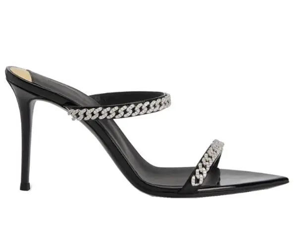 

Sliver Chain Crystal Rhinestone Pointed Open Toe Slip On Slippers Lady 7 10 CM Stiletto High Heel Party Sandals Slide Shoes