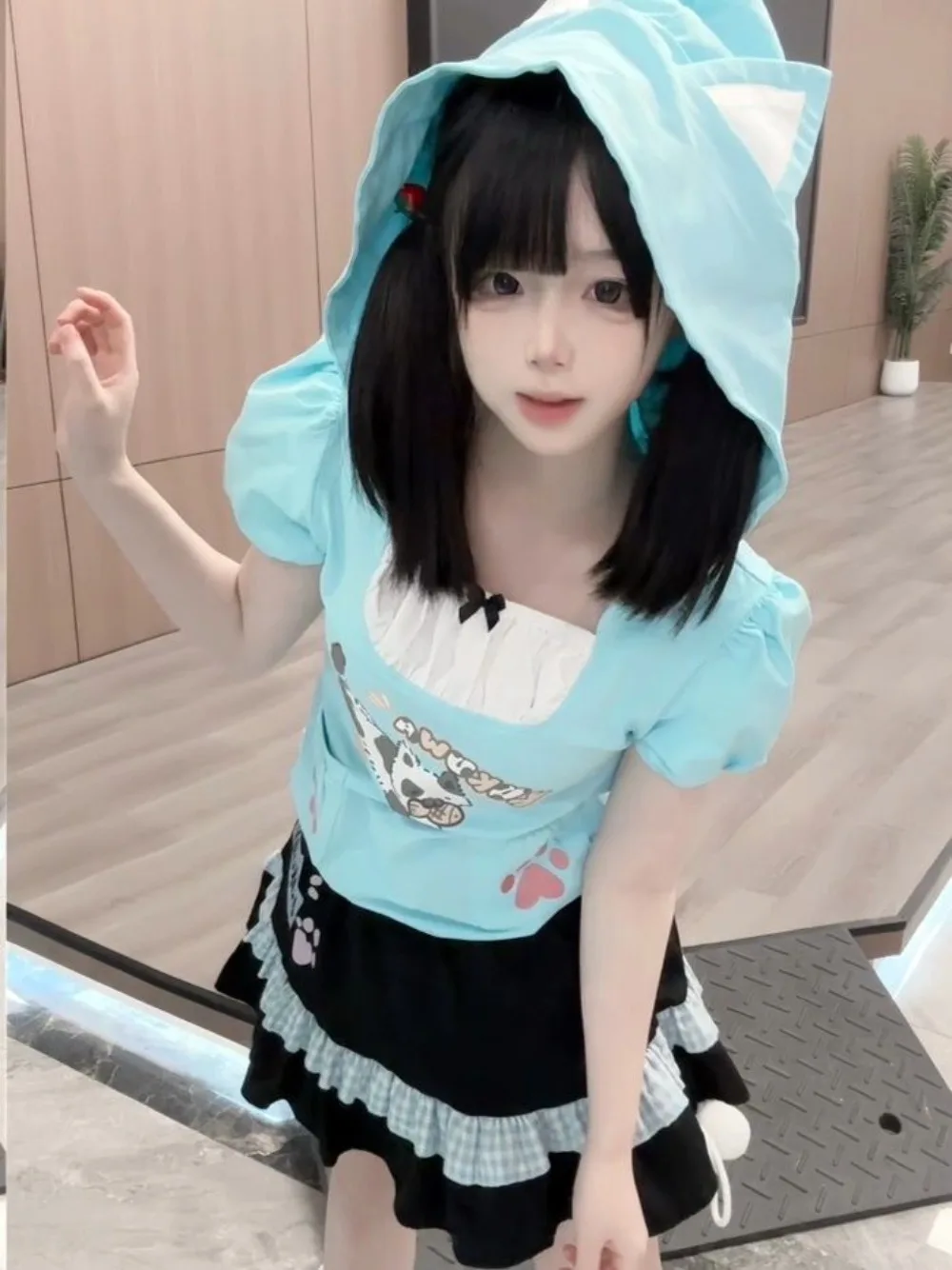 

Japanese Cartoon Cat Aesthetic Short Sleeve Hoodies + Slim Fit Plaid A-line Skirt Two Piece Sets Womens Outifits Y2k Suits