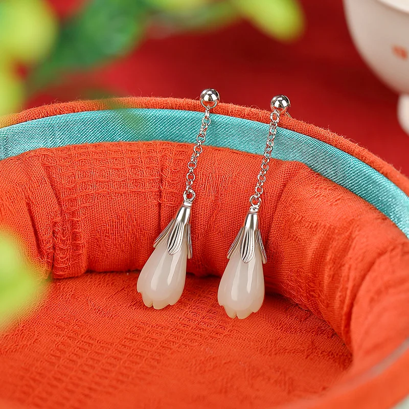 S925 Silver Hetian Jade Vintage Magnolia Flower , Elegant Ancient Style Versatile Earrings
