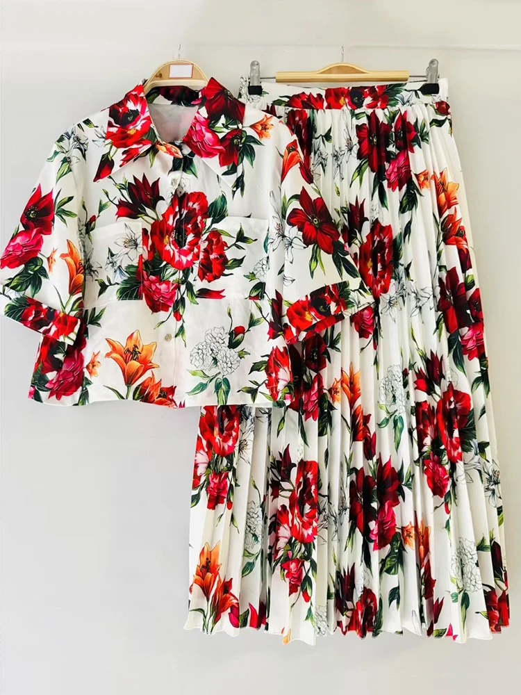 

2025 Summer Women's Fashion set: Two-piece retro printed lapel straight-leg short shirt + Loose pleated skirt with elastic waist