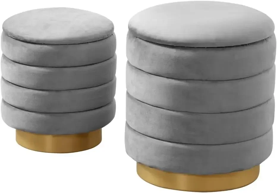 Nesting Storage Set Channel Velvet Upholstered Gold Metal Base Removable Top with Discrete Interior Compartment (Set of 2),Grey