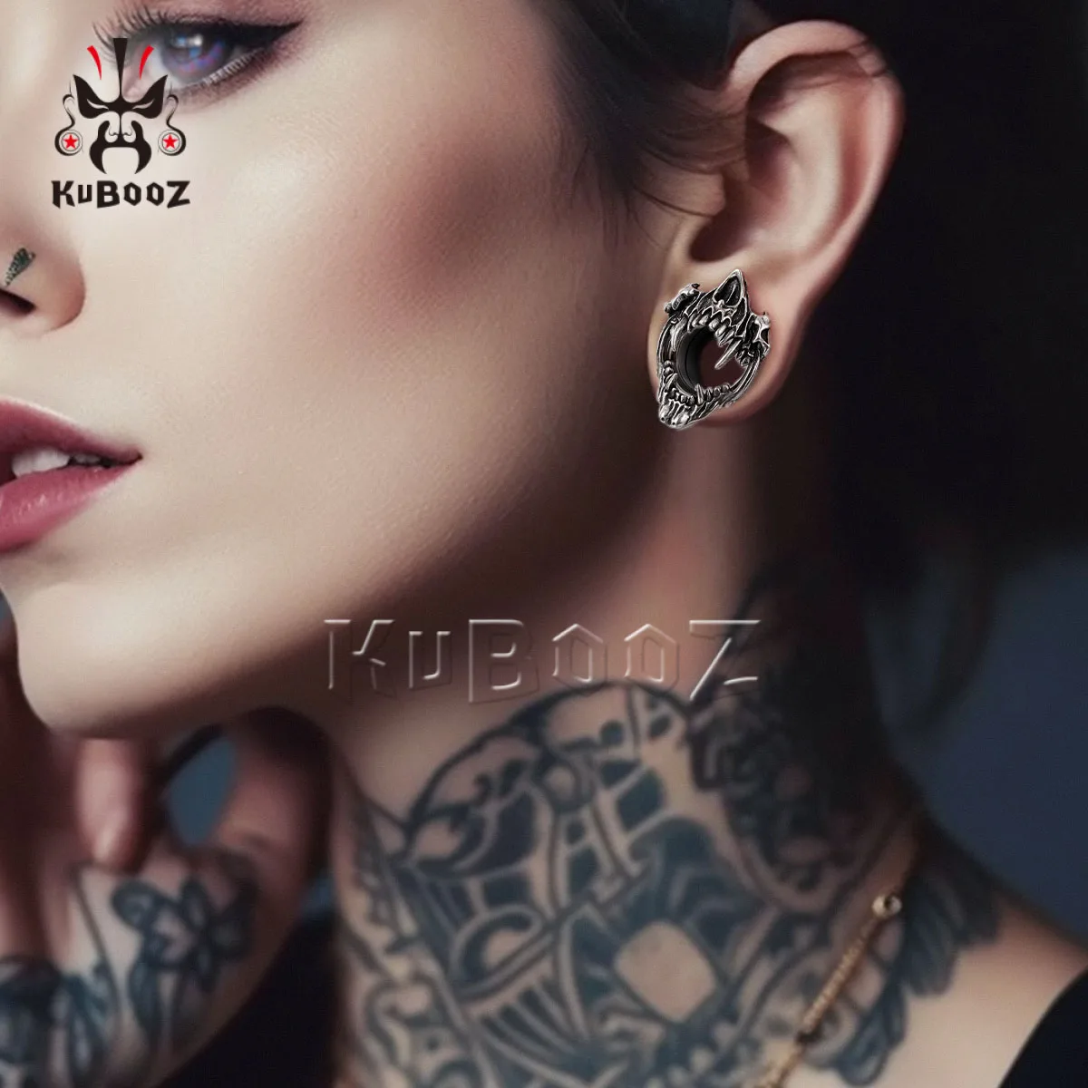 KUBOOZ الشرير مبالغ فيها الأنياب الأذن نفق المقابس الفولاذ المقاوم للصدأ الأذن مقاييس المتوسع مجوهرات للجسم للرجال والنساء 1 زوج