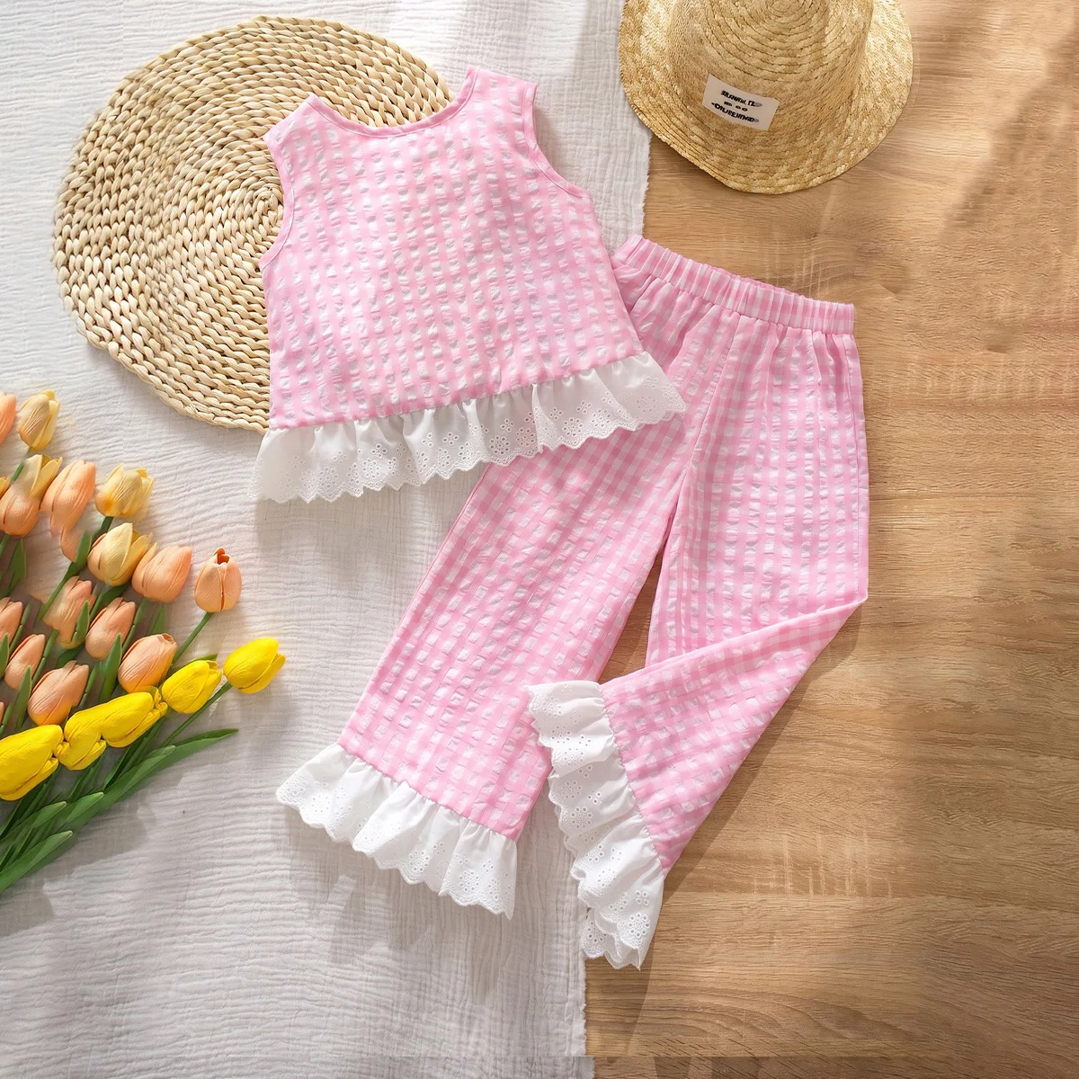 Girls Pink Matching Set Bow Back Lace Trim Tank Top and Wide Leg Pants Summer Outfit Boutique Coquette Clothing Set Toddler Baby