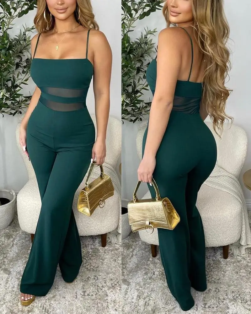 Mesh Patchwork Jumpsuits Women Summer Square Neck Spaghetti Strap Contrast Sheer One Piece Femal Outfit Streetwear Overall