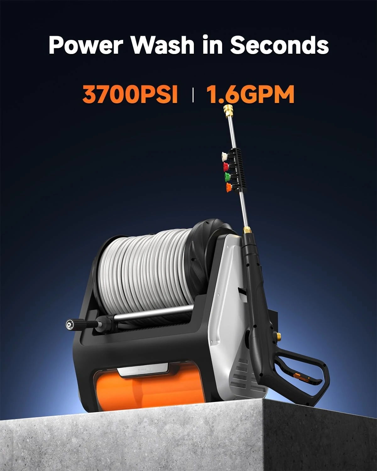 3700PSI Retractable Wall Mounted Electric Pressure Washer, 1.6GPM, Automatic Rewind, Custom