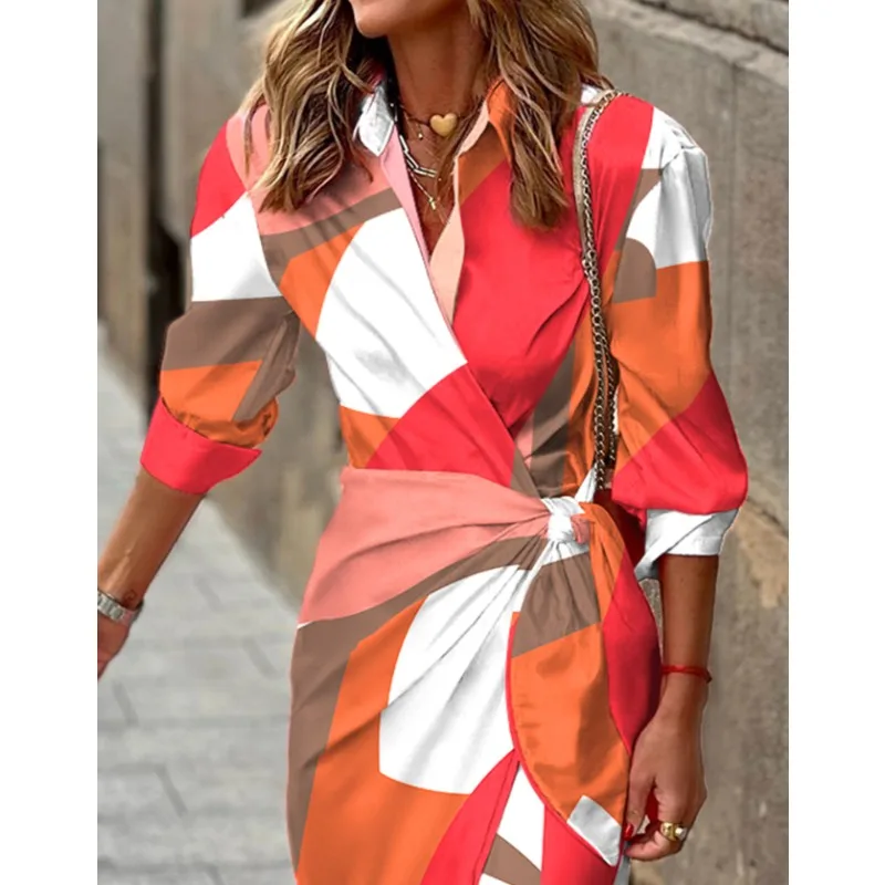 Neue Damenmode mit langen Ärmeln, bedrucktem Hemdkragen, Schnürung, mittellanges Kleid, sexy V-Ausschnitt, Schlitz, gestreift, knöchellanges Kleid