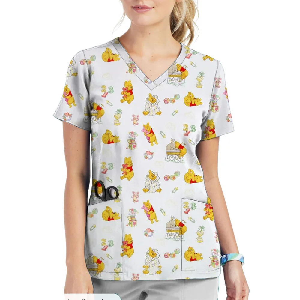 Lovely Winnie The Pooh Disney Medical Uniforms Nurse Scrub Dental Hospital Nursing Tops V-neck Uniform Scrubs Tops for Women