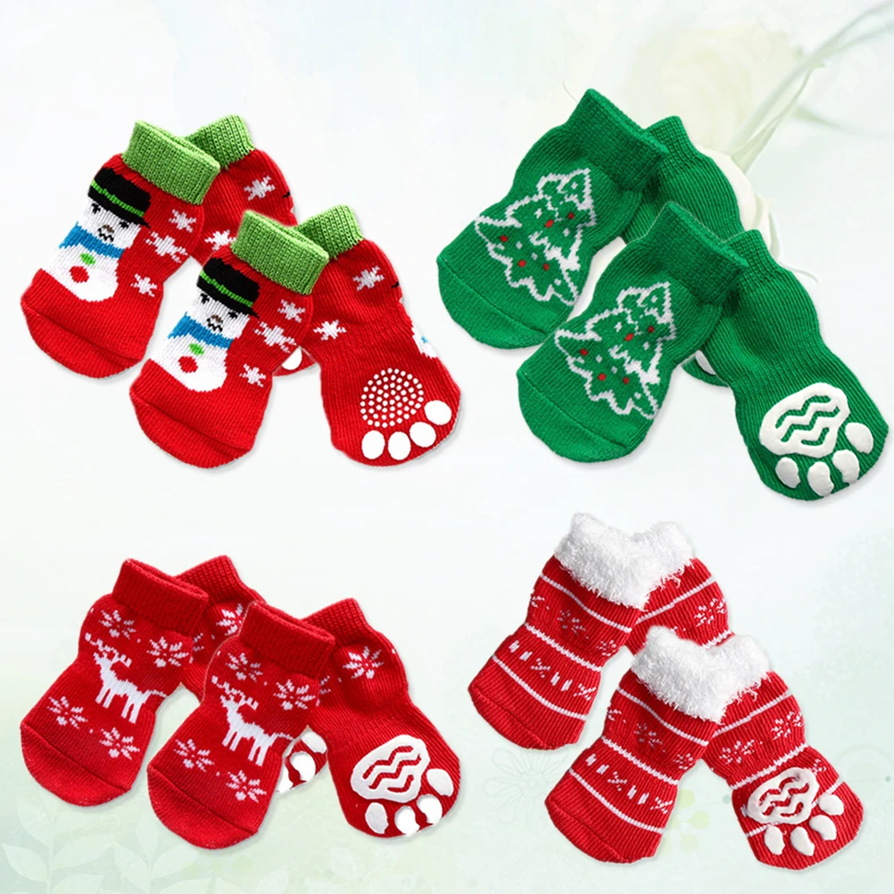 

4 set Pet Dog Cat Non-Slip Cotton Socks Christmas Pattern Anti-Slip Cold Weather Snow Ice Salt Resistant Comfortable