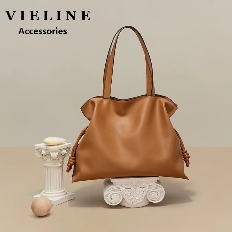 VIELINE New Women's Fashion Drawstring Tote Bag Genine Leather Ladies New Minimalist  Large Pleated Bag Shoulder Handbag