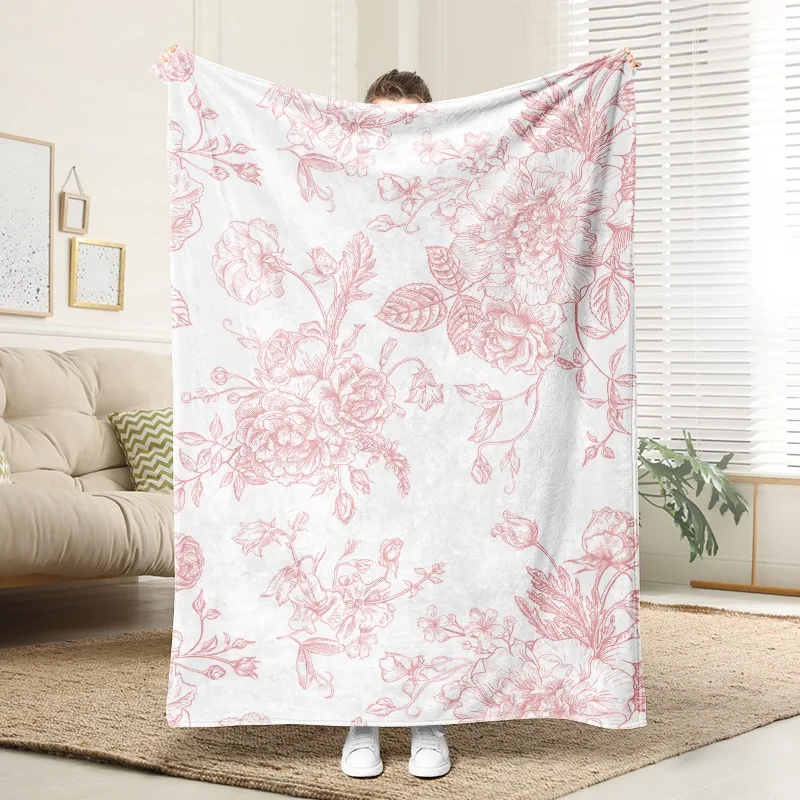 

Pink Floral Print Flannel Blanket Warm Cozy Throw for Sofa Bed Couch Romantic Home Decor