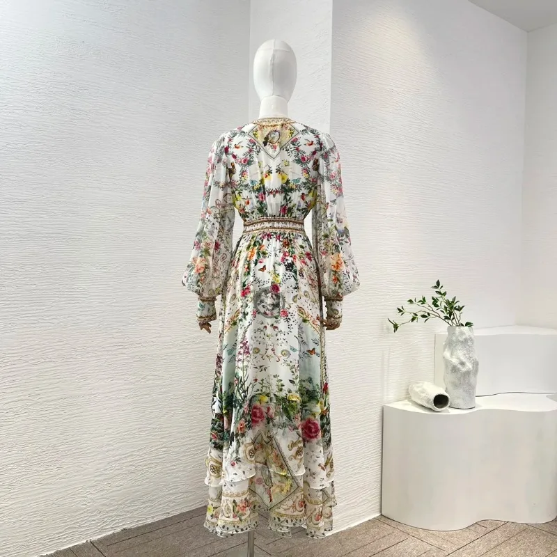 Graceful New Collection High Quality Silk Luxury White Floral Print Long Lantern Sleeve Elegant Women Midi Dresses