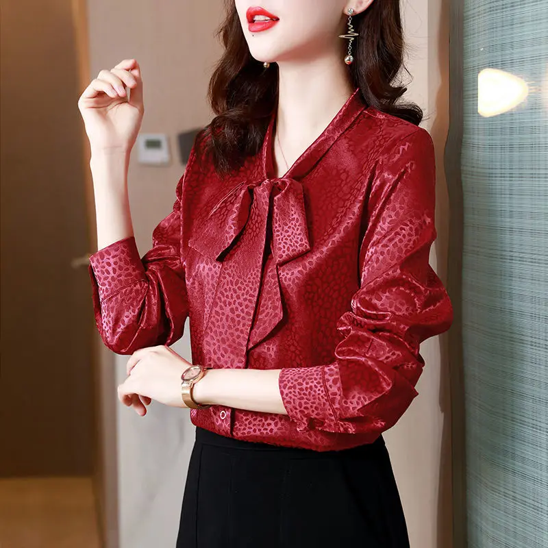 Commuter Women\'s Bow Scarf Collar Printing Shirt 2023 Spring Autumn New Elegant Fashion Button Long Sleeve Pullovers Blouses